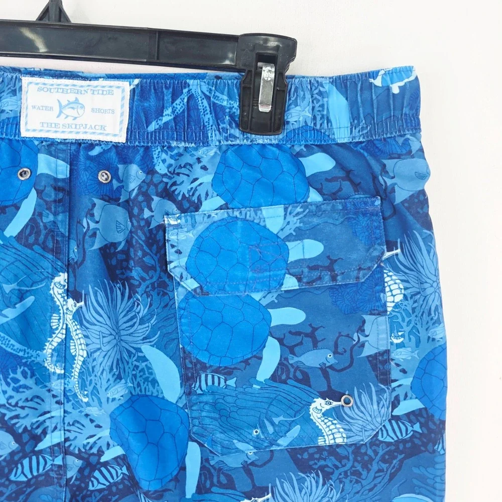 Southern Tide The Skipjack Water Shorts Blue Sea Turtle Seahorse Print Mens M